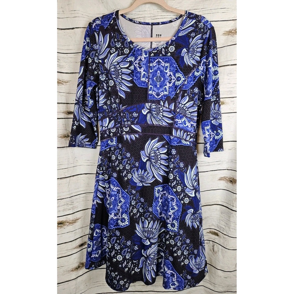 Title Nine Blue Floral Dress L Dream 3/4 Sleeves Midi Athletic Active Womens